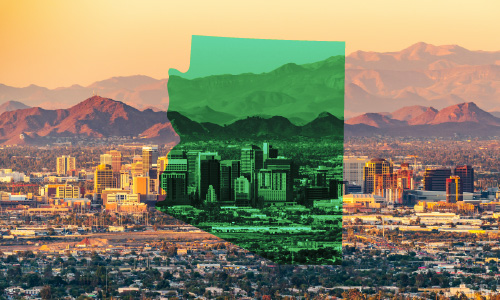 Arizona state silhouette over Phoenix skyline