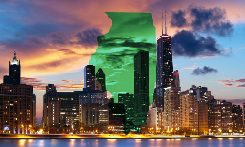 Illinois state silhouette over Chicago skyline