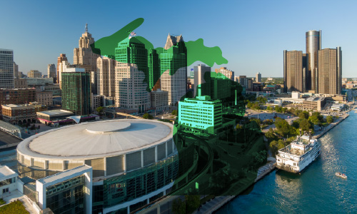 Michigan state silhouette over Detroit skyline