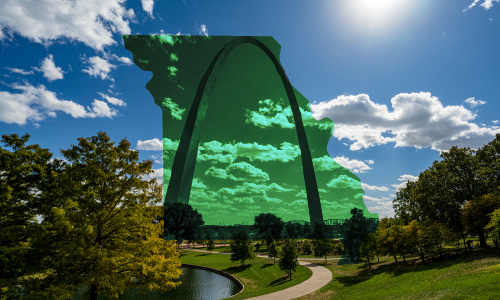 Missouri state silhouette over city skyline